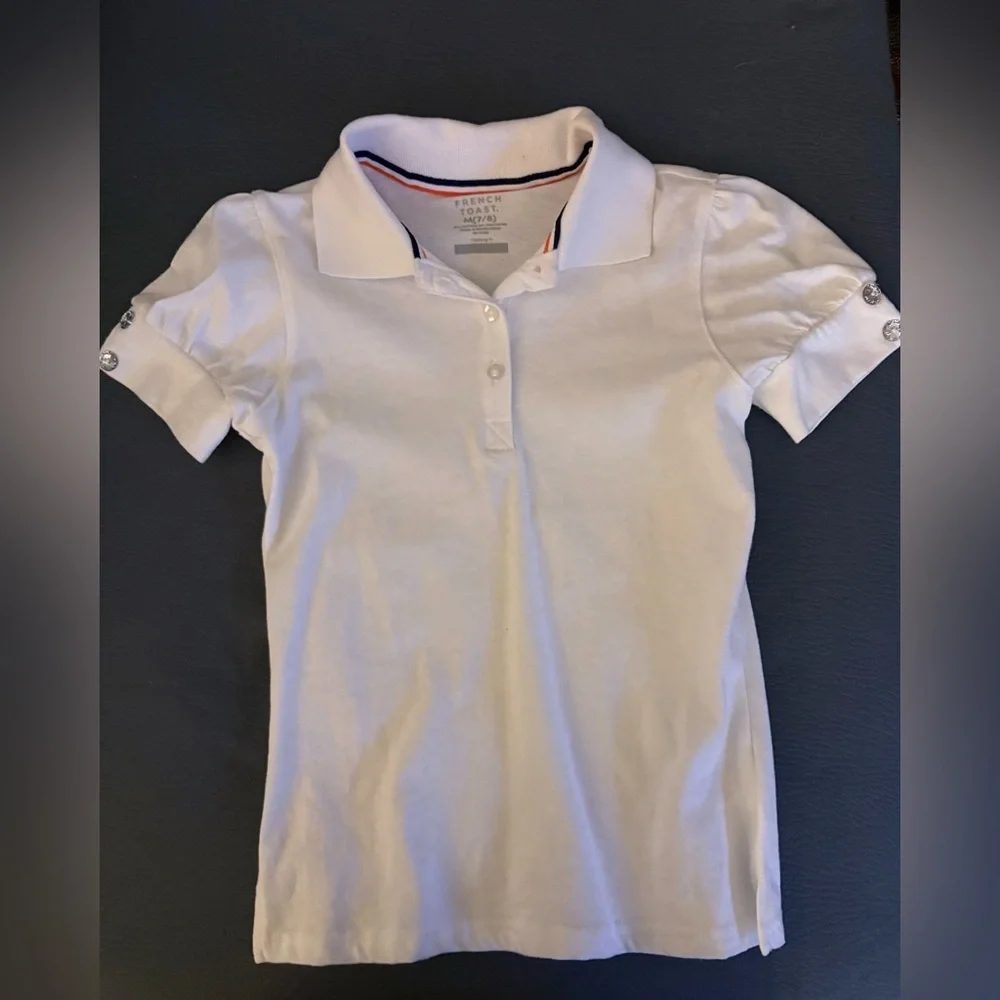 💕French Toast Short Sleeve Puff Sleeve Polo Shirt With Rhinestone Button